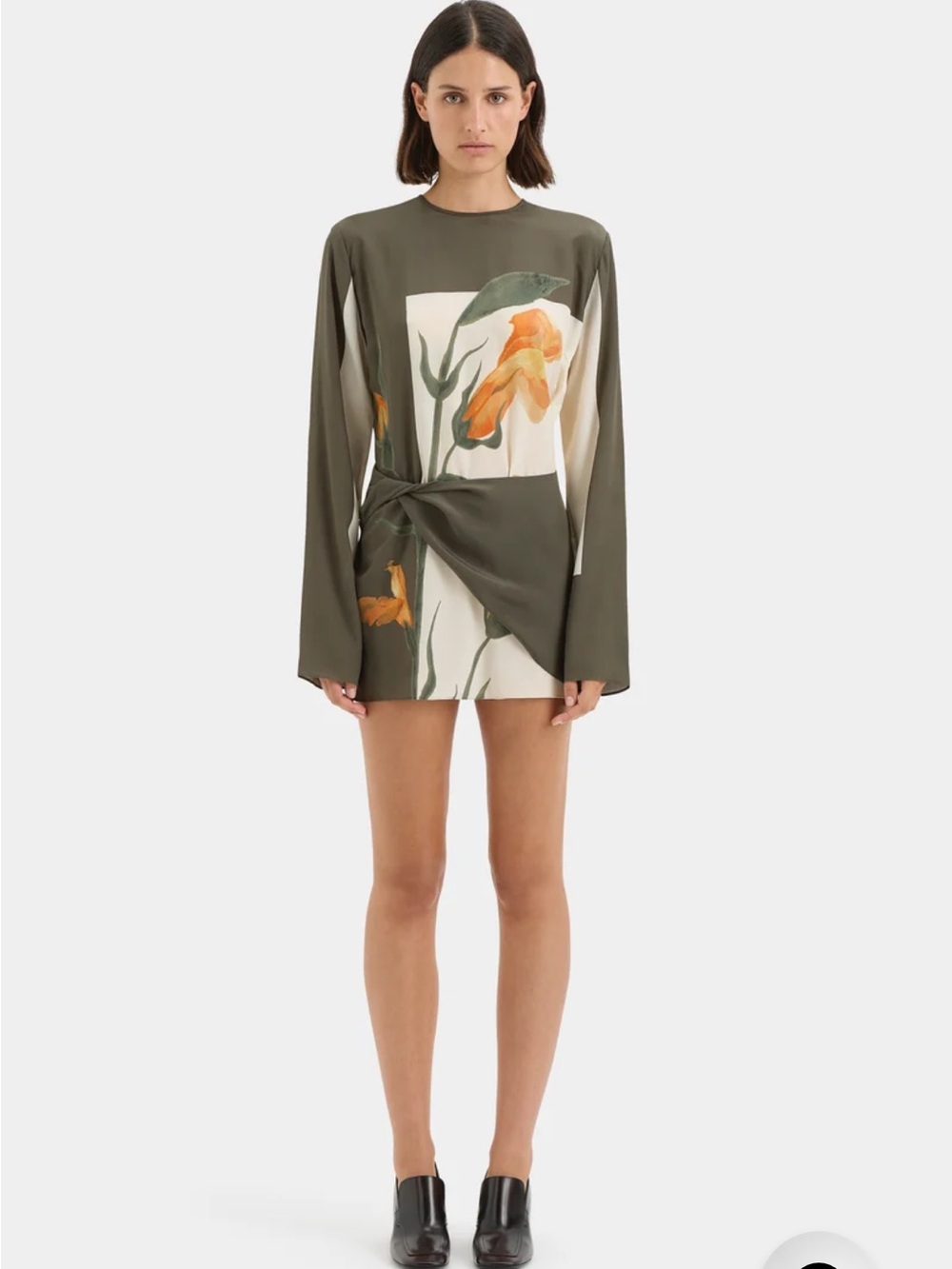 Olive & Cream Floral Twist-Front Mini Dress